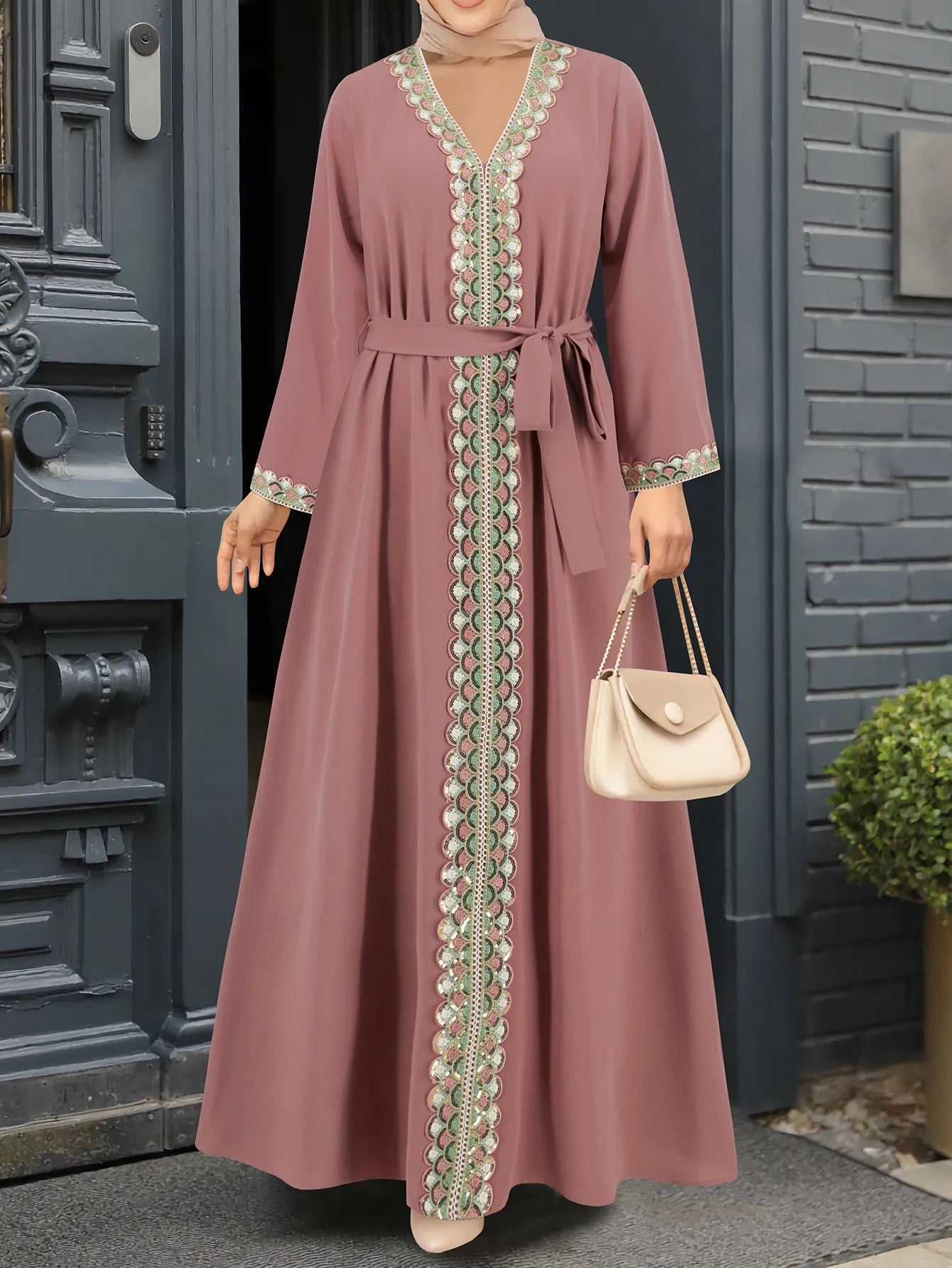 V-Neck Lace Stitching Elegant Abaya